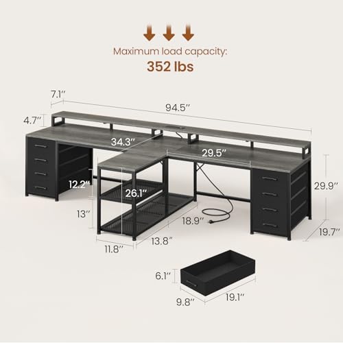 SEDETA 94.5" 2 Person Gaming Desk with 8 Drawers & Storage Shelves, Grey | Double T Shaped Office Desk with LED Lights, Power Strip with USB & Monitor Stand for Home Office, Bedroom - color: Grey