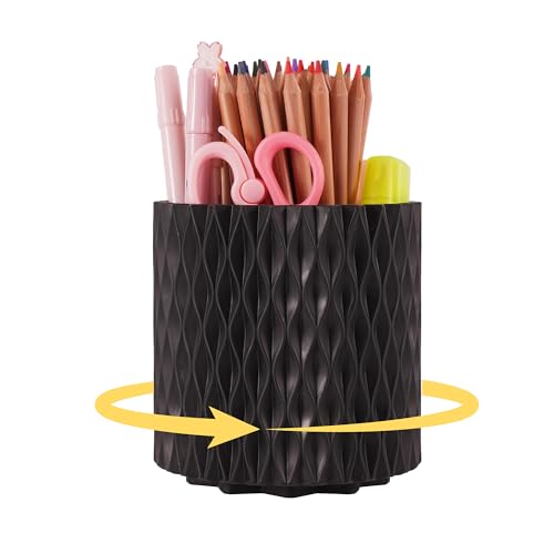 Black Pen Holder for Desk, 360° Rotating Pencil Organizer, 5 Slots | Spinning multi-use organizer for pens, makeup brushes, art supplies, markers - desk caddy for office - color: Black - 5 Slots