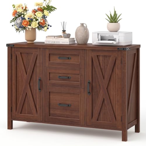 Vabches File Cabinet with 3 Drawers, Farmhouse Lateral File Cabinet Fits Files Letter/A4 Size, Wooden Filing Cabinet with Door and Adjustable Shelves Printer Stand for Home Office, Walnut - color: Walnut
