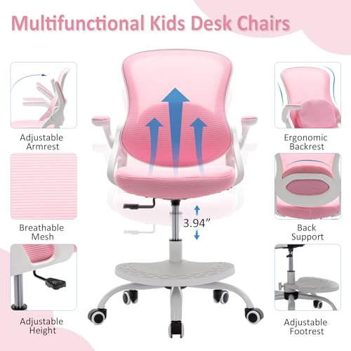 Kids Desk Chair,Ergonomic Study Chair with Adjustable Height,Swivel Mesh Desk Chair with Wheels,Home Office Chair for Children in Home Bedroom Pink - color: Pink