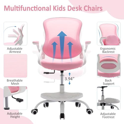 Kids Desk Chair,Ergonomic Study Chair with Adjustable Height,Swivel Mesh Desk Chair with Wheels,Home Office Chair for Children in Home Bedroom Pink - color: Pink