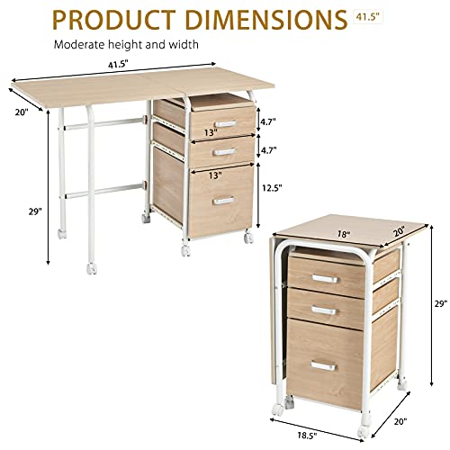 Tangkula Folding Computer Desk with 3 Storage Drawers, Mobile Home Office Desk Study Writing Desk with Smooth Wheels, Space Saving Compact Desk for Dorm Apartment, Rolling Folding Desk Table - color: Natural