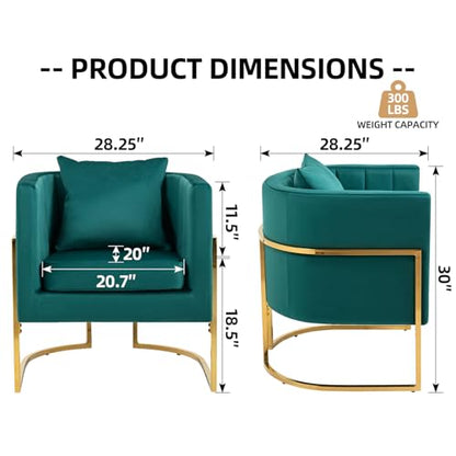 Velvet Accent Chairs Set of 2, Contemporary Barrel Armchairs, Living Room Bedroom Club Chair Set with Pillow, Channel Tufted, Gold Finish Base, Green - color: Green, size: 2 PCS