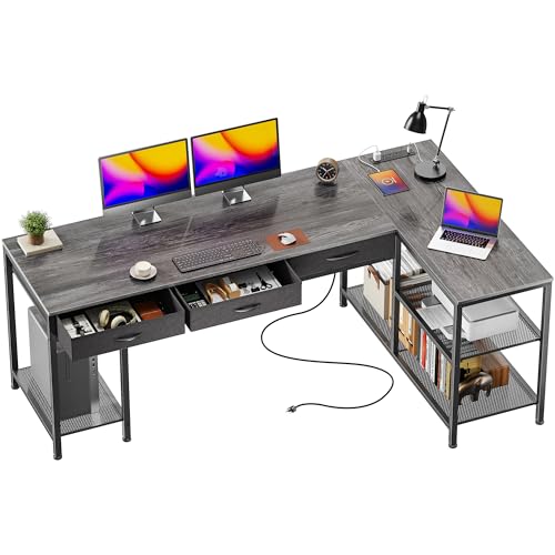 PRAISUN 63 Inch L Shaped Office Desk with Power Outlets and Type-C Port - color: Grey, size: 63inch