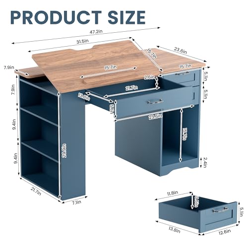 Drafting Table with Storage Cabinet & Drawers, Adjustable Drawing Desk with Open Shelves, Craft Table Painting Desk for Artists, Painters, Drawing, Crafting, Reading, Writing, Working (Blue) - color: Blue