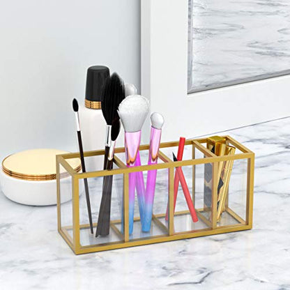 NIUBEE Gold Acrylic Pen Holder 4 Compartments, Desk Office Pencil Cup Desk | Scratch-resistant thick acrylic with 4 slots for pens, pencils, makeup brushes, office, vanity and school use - color: Gold, size: 4 Cube