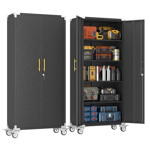 pozdeg 71" Black Tall Lockable Rolling Metal Garage Storage Cabinet ﻿ | Tool Cabinet with 4 Adjustable Shelves, Heavy Duty Storage Organizer for Garage, Home & Office - color: Black-a, size: 15.7"D x 31.5"W x 71"H