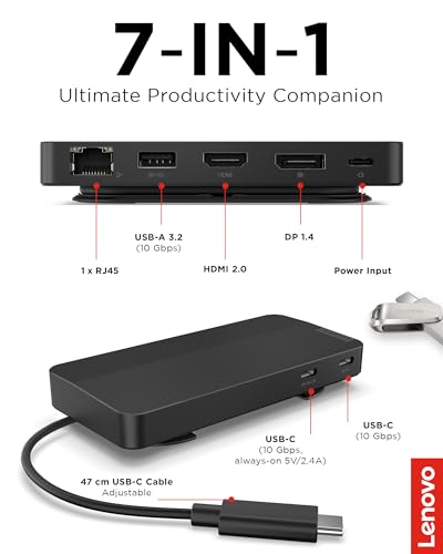 Lenovo USB-C Dual Display Travel Dock - 7 Ports, Integrated Cable, Universal Compatibility, Two displays at 4K - Black - style: USB Dock