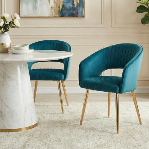 Modern Velvet Dining Chairs Set of 2, Upholstered Gold Dining Chairs with Hollow Back, Dining Room Chairs with Gold Legs, Accent Armrest Kitchen Chairs for Living Room Reception Teal Blue - color: Teal Blue