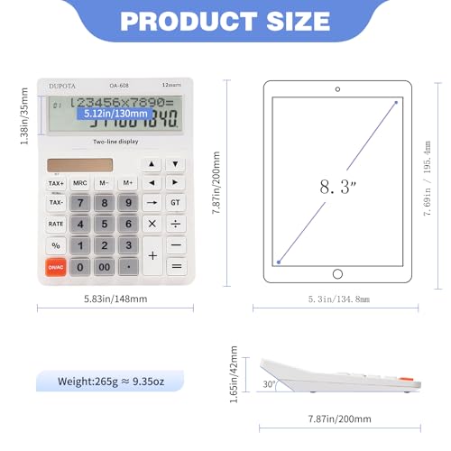 Desktop Calculator Large Display Big Buttons with 12 Digits 2-line | Solar Power and Battery, Accounting Calculator with Tax and Check Function for Office, Home and Business (OA-608) - size: OA-608