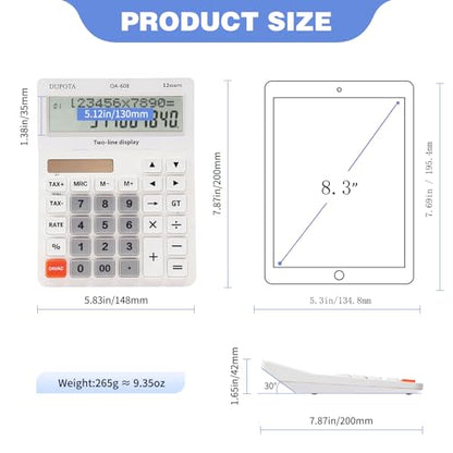Desktop Calculator Large Display Big Buttons with 12 Digits 2-line | Solar Power and Battery, Accounting Calculator with Tax and Check Function for Office, Home and Business (OA-608) - size: OA-608