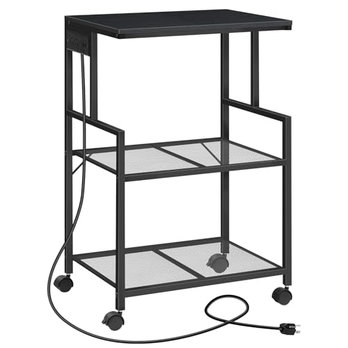 MAHANCRIS Mobile Printer Stand, 3-Tier Industrial Printer Cart with Power Outlets and 2 USB Ports, Rolling Printer Table on Wheels for Home Offices Kitchen Organization Rack, Black PTHB78E01 - color: Black