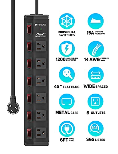 CRST 6-Outlet Metal Power Strip with Individual Switches, 15A/1875W, 6FT - color: Black, size: 6FT
