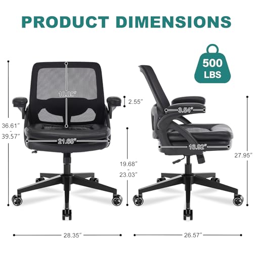Big and Tall Office Chair, 500lbs Heavy Duty Ergonomic Mesh, Black | Flip-Up Armrests, Plus Size PU Leather Wide Seat, 360° Swivel Computer Executive Task Chair for Home Office, Up to 500LBS Cap - color: Black, size: 1BOX