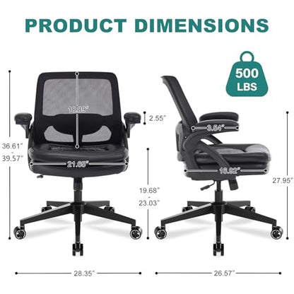 Big and Tall Office Chair, 500lbs Heavy Duty Ergonomic Mesh, Black | Flip-Up Armrests, Plus Size PU Leather Wide Seat, 360° Swivel Computer Executive Task Chair for Home Office, Up to 500LBS Cap - color: Black, size: 1BOX