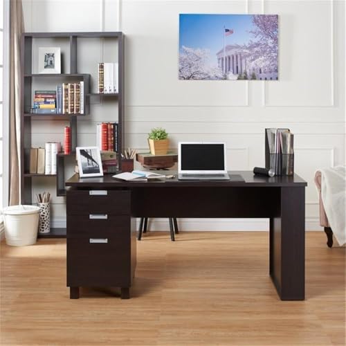 Scranton & Co Modern 3-Drawer Wood/Steel Office Desk, 59 in Wide, Espresso Finish, Built-in Filing Cabinet, Open Shelves, Chrome Accents, Particle Board Construction, Home Office Desk for Workspace