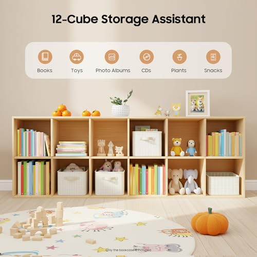 12 Cube Storage Organizer, Solid Wood Bookshelf with Back Panel, Floor Standing Open Bookcase, Vertical or Horizontal Shelf Unit for Living Room Office (12-Cube-B) - size: 12-Cube-B
