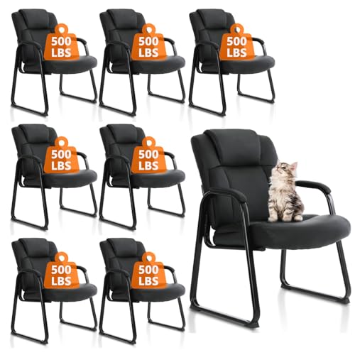 CLATINA Big and Tall Office Chair Set of 8 500lbs Leather Reception Chair with Bonded Padded Armrest Wide Seat Sled Base Desk Chair No Wheels for Reception Conference Waiting Room Side Office, Black - color: Black Sled Base, size: 8 Pack