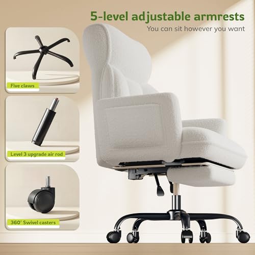 DurayLoly Big and Tall Office Chair with Footrest & Adjustable Armrests | 145° Reclining Backrest, Soft Teddy Fleece, Height Adjustable & 360° Swivel for Home Office, Bedroom, White - color: White