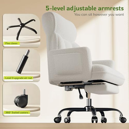 DurayLoly Big and Tall Office Chair with Footrest & Adjustable Armrests | 145° Reclining Backrest, Soft Teddy Fleece, Height Adjustable & 360° Swivel for Home Office, Bedroom, White - color: White