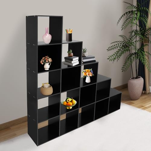 5-Tier Stepped Bookshelf, 15 Cube Storage Organizer, Freestanding Ladder Bookcase, L-Shaped Corner Shelf, Room Divider Shelf, 57.5" Tall Modern Display Shelf for Home Office Living Room - size: 15-Cube/L-Shaped