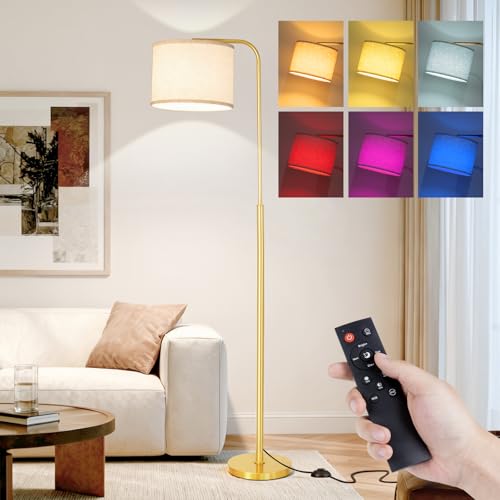 Arc RGB Floor Lamp with Remote Control Dimmable Gold lamps for Living Room | Modern Tall Standing Lamp for Bedroom Corner and Office wiht Adjustable Hanging Drum Shade Over Couch Arched Reading Light - color: Gold RGB