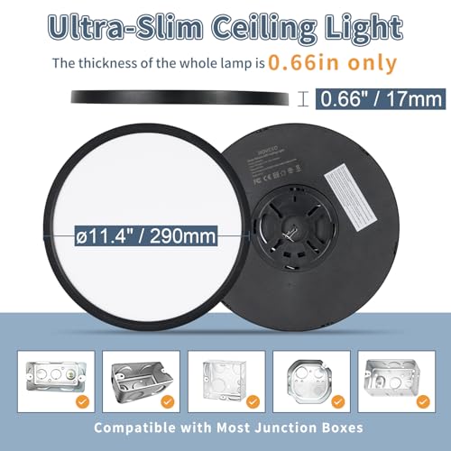 12Pack 11.4 Inch LED Flush Mount Ceiling Light,24W,2427LM,5CCT (Black) | 3000K-6500K Selectable,ETL,0.66in Ultra Thin Round Flat Panel Close to Ceiling Light Fixture for Bedroom, Kitchen (Black) - color: Black, size: 11.4"-12pk