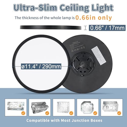 6Pack 11.4 Inch LED Flush Mount Ceiling Light, ETL,24W, 2427LM | 3000K/3500K/4000K/5000K/6500K CCT Selectable, 0.66in Ultra Thin Round Flat Panel Ceiling Light Fixture for Bedroom, Kitchen - color: Black, size: 11.4"-6pk