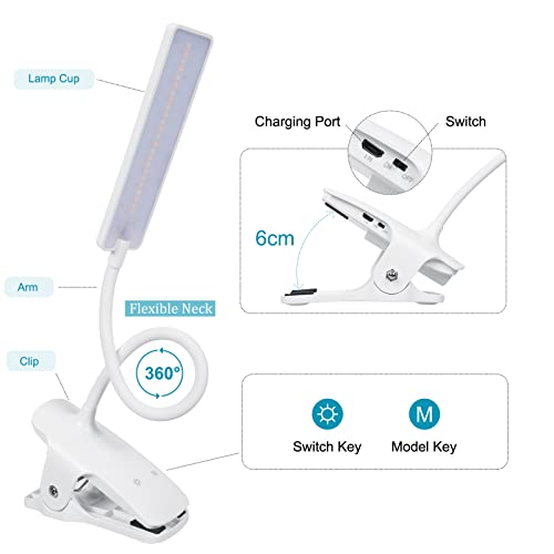 LED Reading Light with Clip USB Rechargeable Book Lights, Eye Protection 24 LEDs Flexible Neck Night Bed Lamp, Touch Control Portable Clamp Desk Lamps for Bed Headboard, Computers - color: White