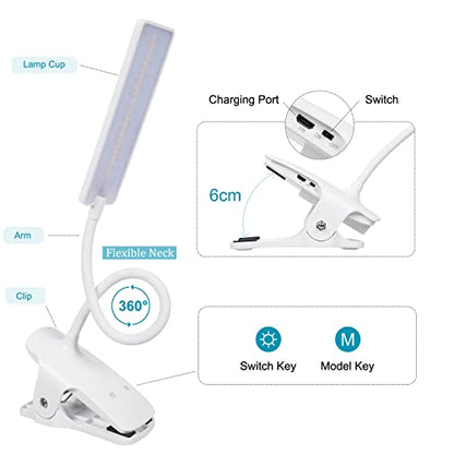 LED Reading Light with Clip USB Rechargeable Book Lights, Eye Protection 24 LEDs Flexible Neck Night Bed Lamp, Touch Control Portable Clamp Desk Lamps for Bed Headboard, Computers - color: White