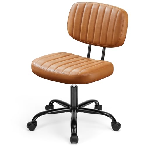Armless Office Chair, Swivel Rolling PU Leather Vanity Chair with Back Lumbar Support Height Adjustable Computer Chair, Small Desk Chair for Home Office (Brown) - color: Brown