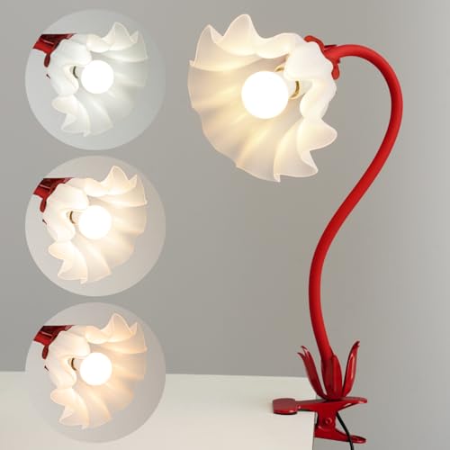 WERFOP Flower Lamp Clip on Light, 3 Color Modes Eye-Caring Desk Lamp with Clamp, Dorm Room Essentials, Flexible Neck Reading Clamp Lamps for College Bedside Bookshelf Studying Room (Red) - color: Red