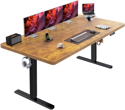 HUANUO 71 x 35 inch Electric Standing Desk, Powerful Brushless Motor Large Height Adjustable Table, 4 Memory Preset Sit Stand Up Desk, Home Office Computer Table with Thick T-Shaped Frame, Vintage - color: Vintage, size: 71" X 35"