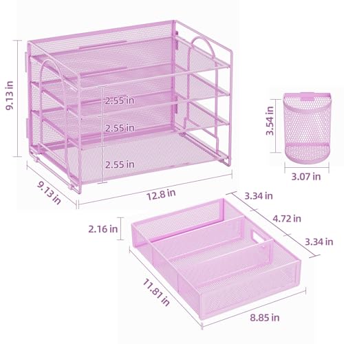 Marbrasse Desk Organizer, 4-Tier Paper File Letter Tray, Purple-2P | Sturdy Paper Tray, File Holder, Built-in Drawer, 2 Pen Slots, fits Letters/Files, for School Home Office Supplies - color: Purple with Pen Holder 2P