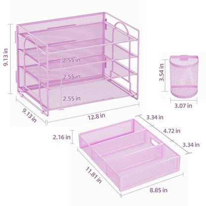 Marbrasse Desk Organizer, 4-Tier Paper File Letter Tray, Purple-2P | Sturdy Paper Tray, File Holder, Built-in Drawer, 2 Pen Slots, fits Letters/Files, for School Home Office Supplies - color: Purple with Pen Holder 2P