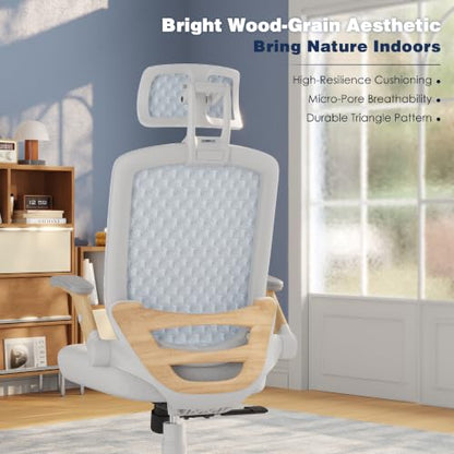 Ergonomic Office Chair, High Back Home Desk Chair with Flip-Up Arms, 3D Headrest, 90-120° Tilt and Wide Cushion Seat, Big and Tall Computer Chairs for Man Woman, Mesh Chair Black Woodgrain - color: Natural Wood