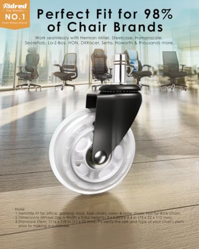 RidRed Gaming Chair Wheels - Heavy-Duty Office Chair Wheels - Replacement Rubber Casters - Universal Fit 3 Inch Chair Casters, Noise Free, Fits 98% Chair, for All Floor (White) - color: White