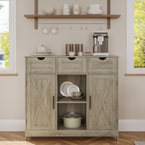 Viaozutis Storage Cabinet, Coffee Bar Cabinet with 2 Adjustable Shelves, 3 Drawers, and 2 Doors, for Bathroom, Kitchen, Living Room (Gray) - color: Grey