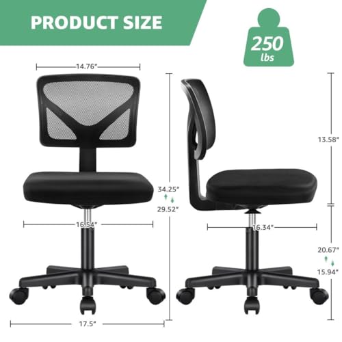 Armless Mesh Office Chair, Ergonomic Low Back Deskchair, Adjustable Rolling Task Computer Swivelchairs for Small Spaces Home Bedroom Study, Black - color: Black