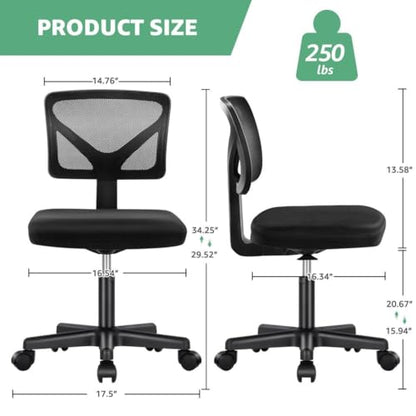 Armless Mesh Office Chair, Ergonomic Low Back Deskchair, Adjustable Rolling Task Computer Swivelchairs for Small Spaces Home Bedroom Study, Black - color: Black