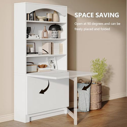 Einhomn Folding Desk with Storage, Space-Saving Foldable Convertible Writing Table, Wall Mount Fold Out Computer Desk for Home Office, Craft Room, Living Room, Bedroom, White - color: White