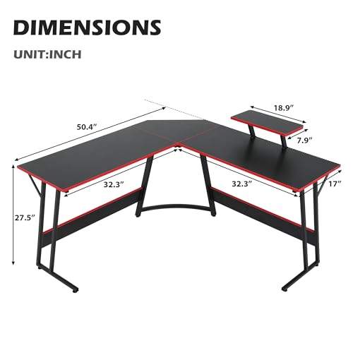 Gaming Desk L Shaped Desk, 50.4” Large Computer Desk with Shelves & Carbon Fiber Desktop, Wood Computer Table Writing Work PC Desk for Bedroom Office Dorm Small Space, Black - color: Black