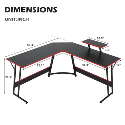 Gaming Desk L Shaped Desk, 50.4” Large Computer Desk with Shelves & Carbon Fiber Desktop, Wood Computer Table Writing Work PC Desk for Bedroom Office Dorm Small Space, Black - color: Black