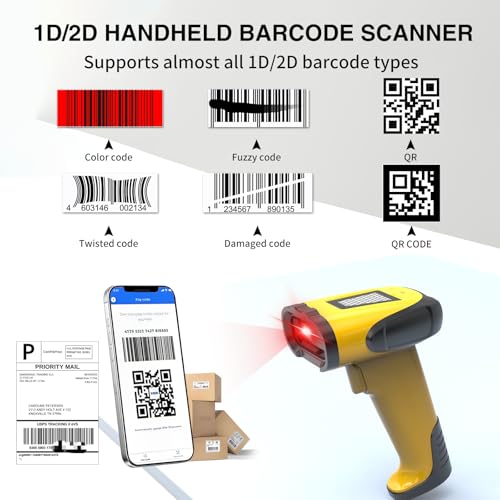 2.4GHz Wireless & Bluetooth Handheld 1D 2D Barcode Scanner, Triple Mode USB Laser Scanning Gun for Android iOS Windows, Retail Warehouse Inventory Management - color: Yellow