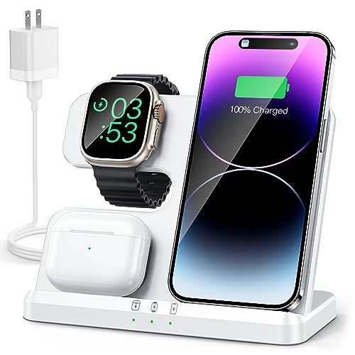 JARGOU 3 in 1 Charging Station for Apple Wireless Charger for iPhone 17 16e 16 15 14 13 12 11 X 8 & for iWatch Charger Wireless Charging Station for Multiple Devices for AirPods 2/3/4/Pro/Pro 2/Pro 3 - color: B-White