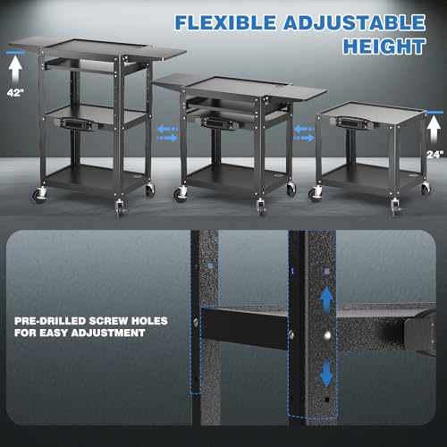 POCHAR Large Steel AV Cart with Power Strip & Drop Leaves - Height Adjustable Metal Media Cart with Wheels - Heavy Duty Rolling Computer Workstation for Laptop Projector Printer TV, Black (46" x 18") - style: AV Cart with Drop Leaves (AV-JM)