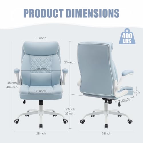 Executive Office Chair with High Back, Computer Desk Chair with Lumbar Support,Comfortable Leather Home Office Chairs 400lbs with Padded Flip-up Armrests, Adjustable Height,Tilting, LightBlue - color: Blue