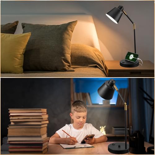 Anxingtools LED Desk Lamp with Dual USB Charging Ports, 100% Metal, 270° Swivel Arms, Soft White Light (3000K), Bedside Reading Lamp, Home Office Lamp (Black) - color: Black