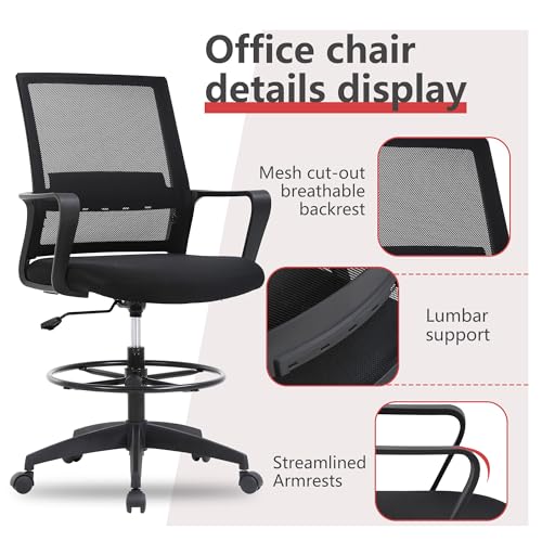 BestOffice | Tall Drafting Chair | Black | with Lumbar Support | Adjustable Seat Height & Footrest | Ergonomic Mesh Back, 360 Swivel & Rolling Wheels | For Home, Office, Workspaces - color: Black