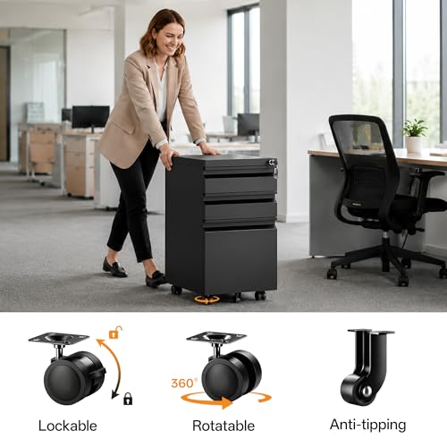 3 Drawer Mobile File Cabinet with Lock, Fully Assembled - color: Black